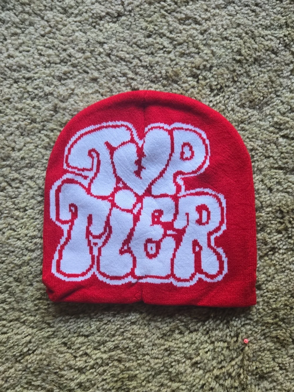 Kids Red Beanie Hat with White Pop Graphic